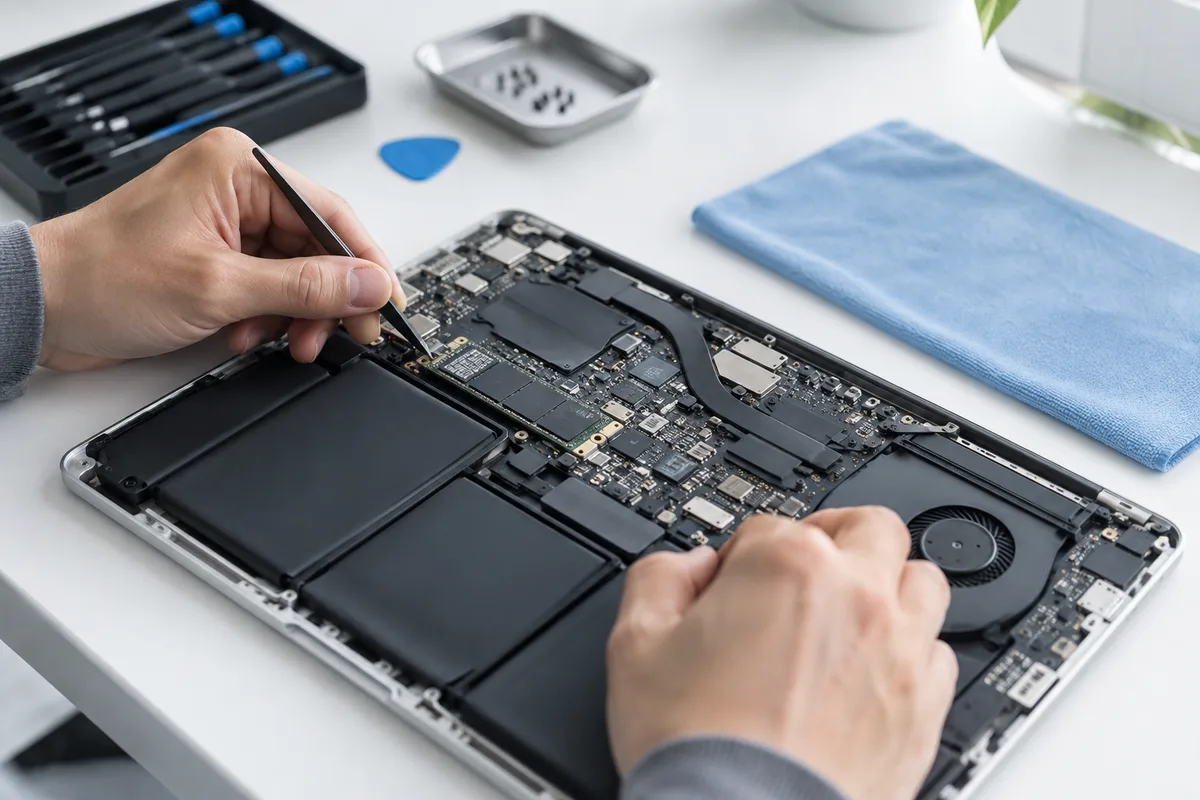 Mâinile unui tehnician inspectează interiorul unui laptop