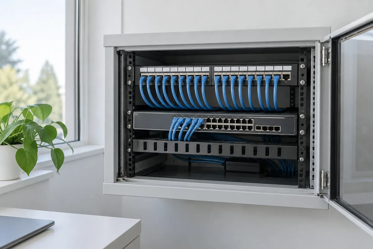 Rack de rețea de mici dimensiuni, cu switch și cabluri ordonate